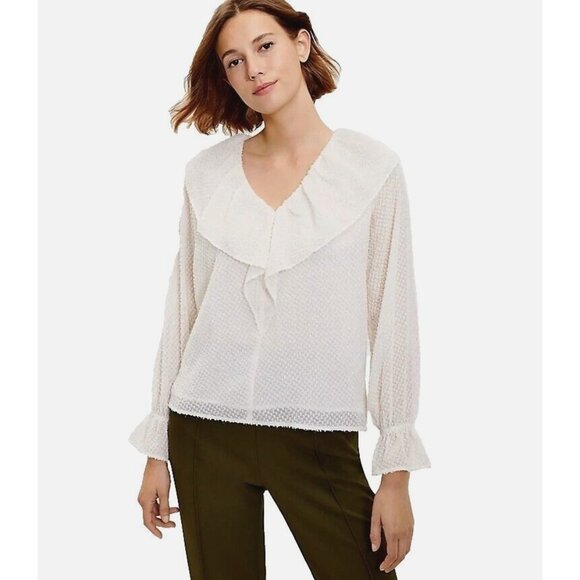 LOFT Tops - LOFT Top Blouse XL Ivory Gold Shimmer Ruffle V Neck Metallic Long Sleeve